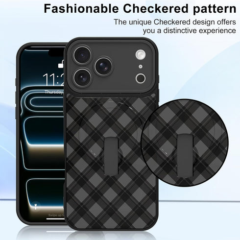 MOWIME 17 Magnetic for iPhone Pro Max Case with Finger Strap Kickstand, Compatible with Magsafe, Cute Checkered