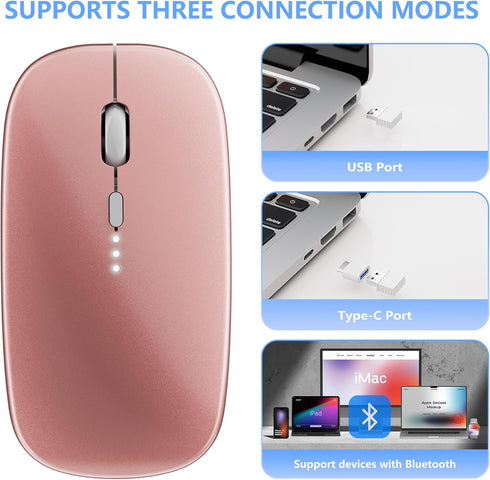 Slim Rechargeable Wireless Silent Mouse, 2.4G Wireless & Bluetooth Technology for Laptop/PC/Mac/iPad (Rose Gold)