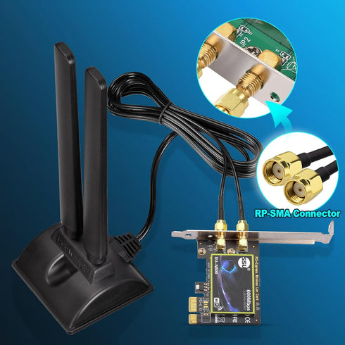 Eightwood WiFi 6E Antenna - Tri-Band 2.4GHz 5GHz 6GHz RP-SMA WiFi Antennae Magnetic Base for Desktop PC Computer