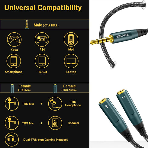 Headset Adapter, 3.5mm Headphone Mic Splitter CTIA TRRS Male to Dual TRS Female Y Audio Microphone Splitter Cable for