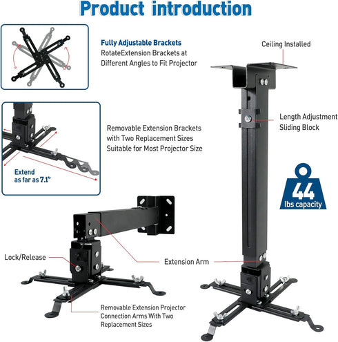 Projector Mount, Universal Ceiling/Wall Mount Black with Extendable Arms, Adjustable Height for Epson, Optoma, Benq