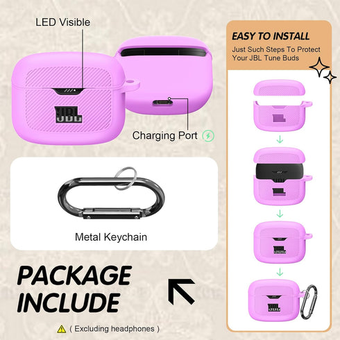 Silicone Case Compatible with Tune Buds, Shock Proof Waterproof Portable Cover with Metal Carabiner, Light Purple