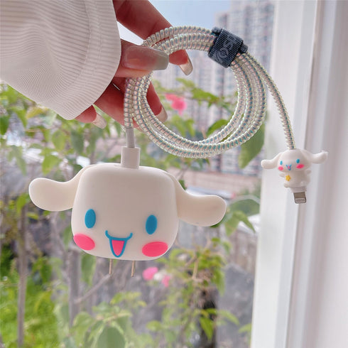 3D Cute Cartoon Charger Protector Case for Apple 20W USB-C Power Adapter and Lightning Cable (White Dog)