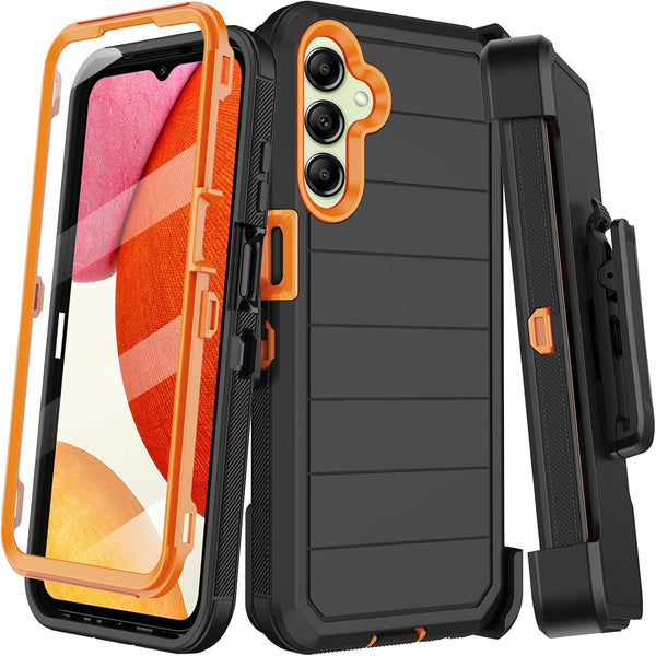 Samsung Galaxy A14 5G Case with Belt Clip Holster, Black/Orange, Built-in Screen Protector & Kickstand, Military Grade