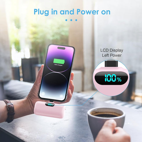 Mini Portable Charger USB C Power Bank 5000mAh, PD Fast Charging Battery Pack with Built-in USB-C Connector for iPhone