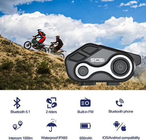 Motorcycle Bluetooth Intercom Helmet Headset, Music Sharing for 2 Riders, Waterproof IP67