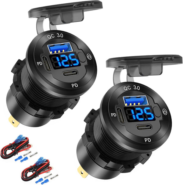 2 PACK 12V USB Car Socket Round USB C 12V Outlet, 3-Port Marine USB Fast Charger Waterproof with Switch & Voltmeter