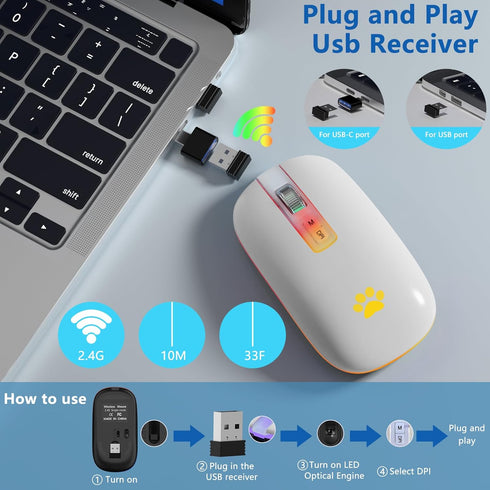 Wireless Mouse, Backlit LED Portable Slim Computer Mouse for Laptop, PC, MacBook, iPad, 2.4G Rechargeable