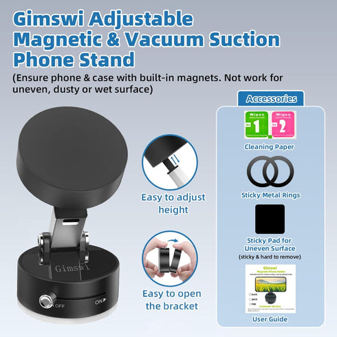 Gimswi 17 Vacuum Magnetic Phone Holder with Metal Ring Compatible with iPhone Samsung All Phone, Portable Universal