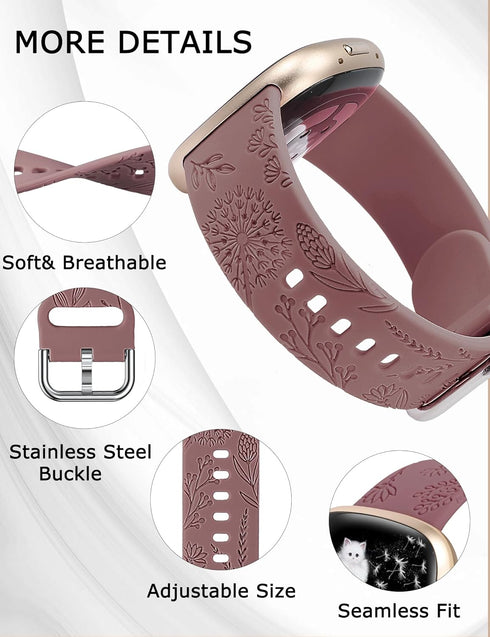 Minyee 3 Packs Floral Engraved Band for Fitbit Versa 4/3/Sense 2, Soft Silicone Dandelion Pattern Strap