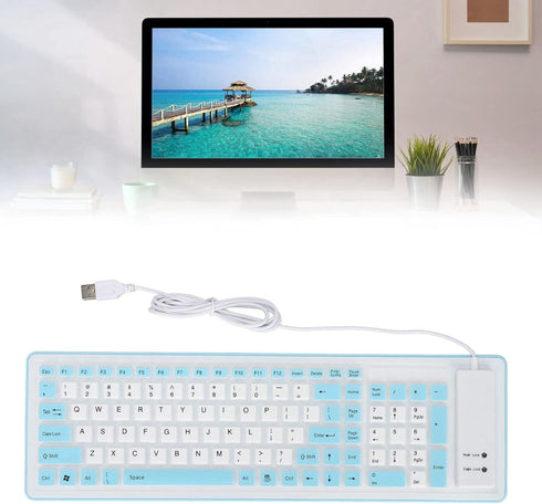 Sanpyl USB Wired Keyboard, 103 Keys Foldable Silicone Keyboard, Waterproof Mute Roll Up for PC Laptop (Blue)