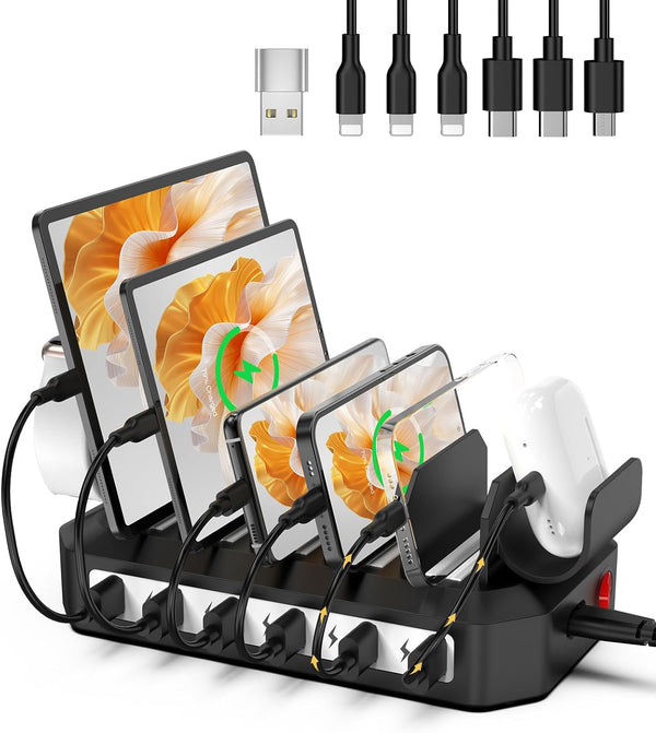 6-Port USB Charging Station, 60W Fast Charging Station for Multiple Devices with Apple Watch Holder & 6 Cables,