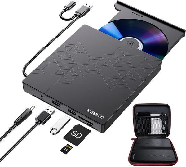 External CD DVD Drive, USB 3.0 CD Burner with 2 USB Ports and 2 TF/SD Card Slots, Optical Disk Drive for Laptop Mac, PC