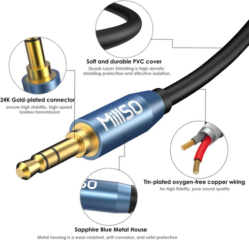 MillSO Audio Splitter, Female to 2 Male 3.5mm TRS Audio Splitter, 8 Feet Sapphire Blue & Gold-Plated Stereo Jack