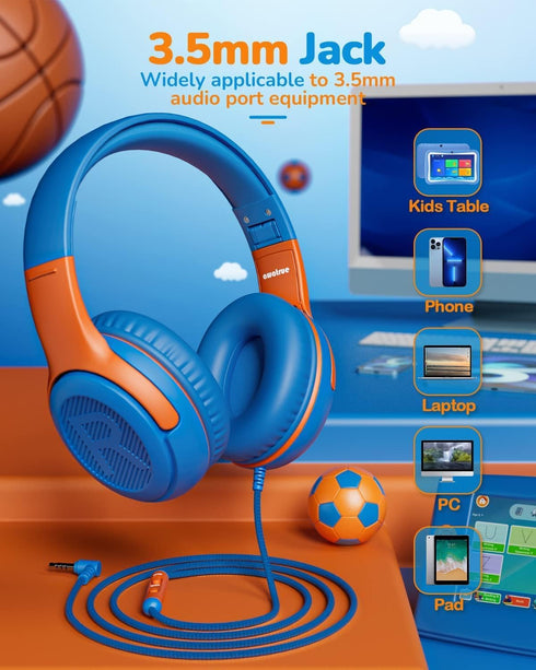 Kids Wired Headphones, Over-Ear Headphones with Microphone, 85/94dB Volume-Limiting, Foldable On-Ear Design for