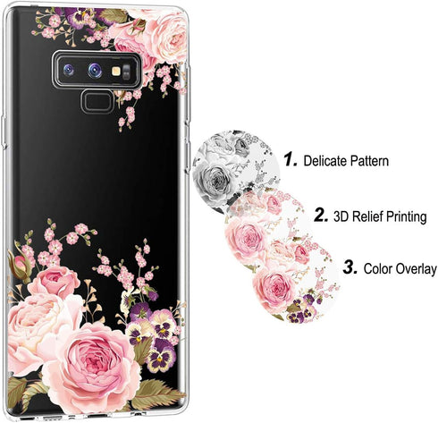 Slim Shockproof Clear TPU Case for Galaxy Note 9 - Flexible Phone Cover with Rose Flower Design