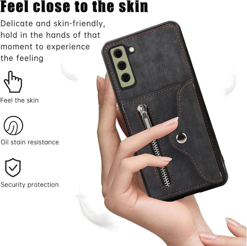 Phone Case for Samsung Galaxy S21 FE 5G, Wallet Cover with Tempered Glass Screen Protector and Credit Card Holder -