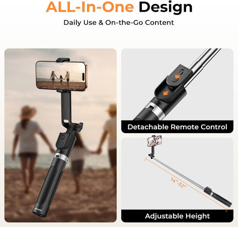 SENSYNE Selfie Stick for Phone, Extendable Travel Tripod with Detachable Remote for Photography, Selfies, Compatible