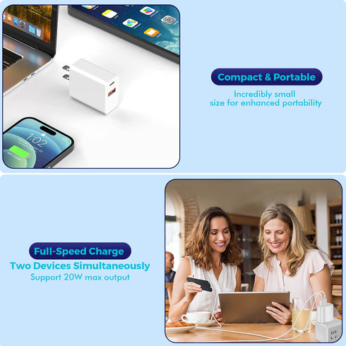 iPhone 15 Charger Block, 2Pack 20W Dual Port PD Fast USB C Wall Charger Adapter + USB A Quick Charging Brick Plug