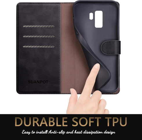 SUANPOT Leather Wallet Case for Samsung Galaxy S9+ / S9 Plus 6.2 with RFID Blocking Credit Card Holder, Black