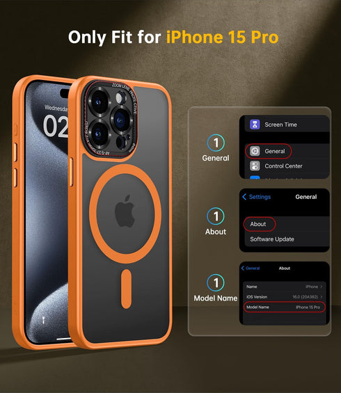 JUESHITUO iPhone 15 Pro Case, Orange, 6.1", Mil-Grade Shockproof, Translucent Matte, MagSafe & Camera Lens Protection.