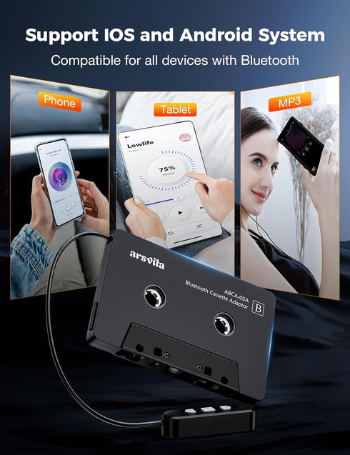 arsvita 5.1 Bluetooth Cassette Adapter, Car Audio Receiver, Hands-Free Call, Supports Micro SD Card, Black, Type BCA02