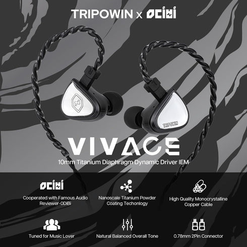 0DiBi: 10mm 2Pin Linsoul Tripowin x Vivace in Ear Monitor, Titanium Diaphragm Dynamic Driver IEM, HiFi Wired Earbuds
