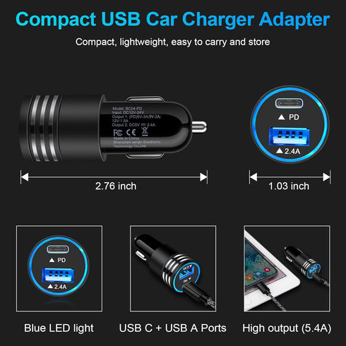 30W USB C Car Charger, PD 3.0 & 2.4A Dual Port Fast Charging Adapter for iPhone 15 Pro Max 15 Plus 14 13 12