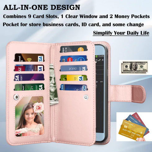 Takfox Galaxy J3 2018 Leather Wallet Case, Flip Folio with 9 Card Holder and Detachable Strap in Rose Gold