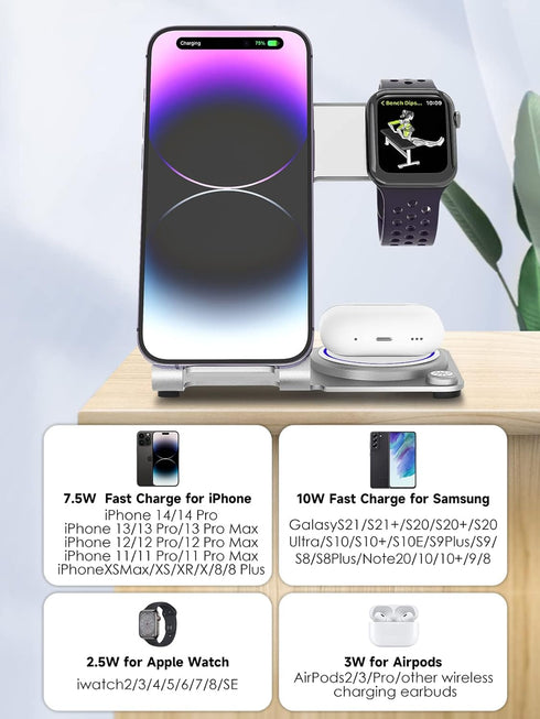 3 in 1 Wireless Charger, Aluminum Alloy Fast Charging Stand for iPhone 15/14/13/12/11, iWatch, AirPods Pro, Silver