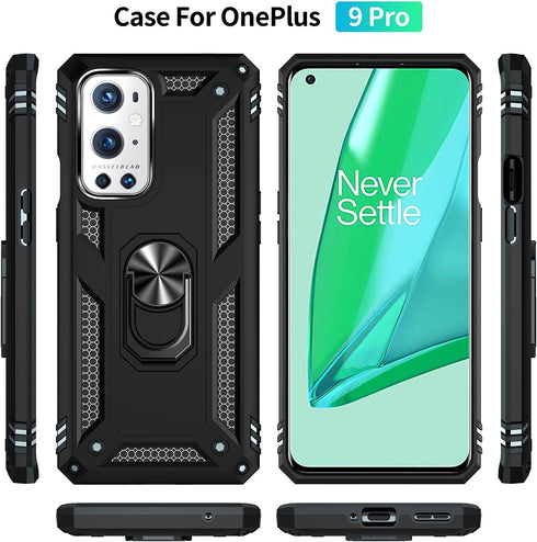 Military Grade Drop Impact Case for Oneplus 9 Pro, 360 Metal Rotating Ring Kickstand Holder, Heavy Duty (Black)