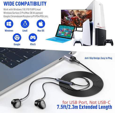 USB Headphone for PC Laptop Wired Earbuds Computer Headset with Microphone Volume Control Mute Button Mic Lightweight Noise Canceling in-Ear Corded Gaming Earphone for MacBook Pro Office Zoom School