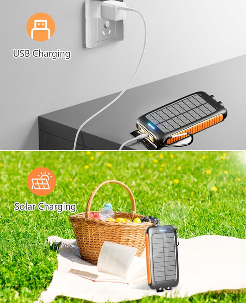 20000mAh Power Bank - Portable Solar Charger, External Battery Pack with Dual Built-in Super Bright Flashlight,