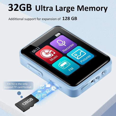 VANSING 32GB MP3 1.8 inch MP3 512GB(Blue) Player for Kids, Portable Small Music Bluetooth Player with Speaker, FM