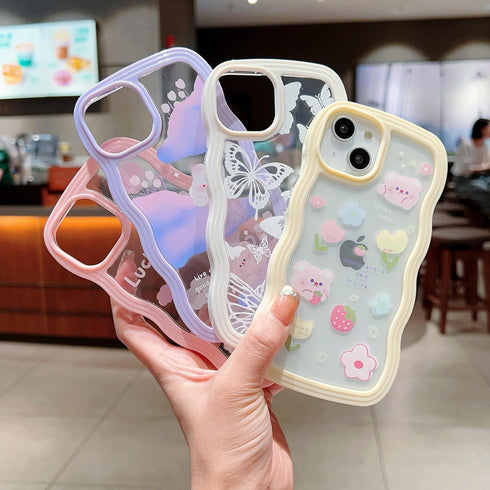 YKCZL 15 Compatible for iPhone Phone Case,Cute Bear Floral Butterfly Cloud Kawaii Pattern,Soft TPU Transparent Women