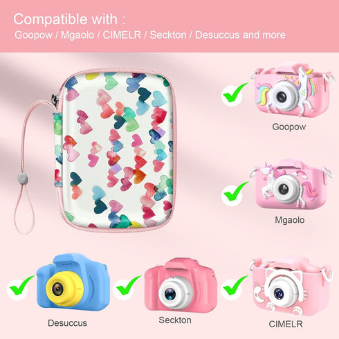 Fintie Kids Camera Case Compatible with Goopow/Mgaolo/CIMELR/Seckton/GKTZ/Desuccus/OZMI/Agoigo/Ourlife/Unicorn Kids Camera Toys & Video Camera, Hard Carrying Bag with Inner Pocket, Raining Hearts