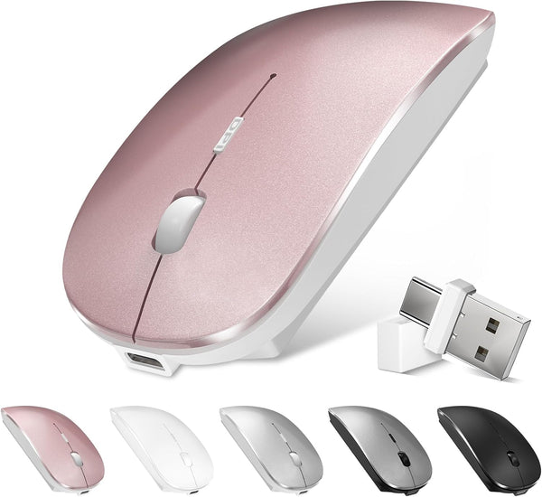 Bluetooth Wireless Mouse for MacBook Air Pro, Rechargeable Silent Optical Mouse with Dual Mode Switch Rose Gold