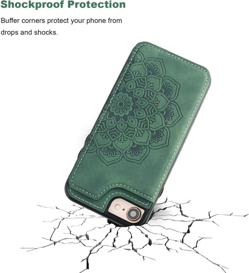 Vaburs Wallet Case for iPhone SE(2022)/SE(2020)/8/7, Embossed Mandala Pattern Flower, Green