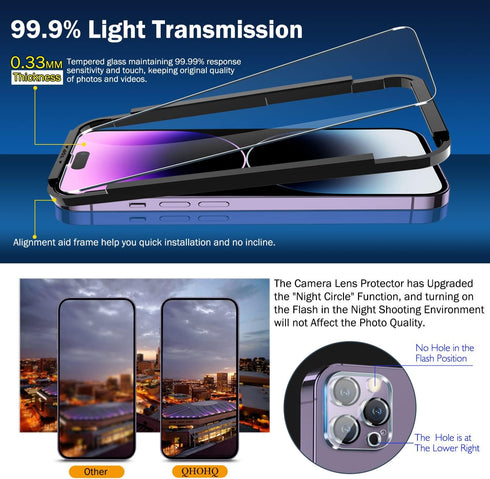 QHOHQ 3 Pack Screen Protector for iPhone 14 Pro Max 6.7 Inch, 9H Hardness, Ultra HD, Scratch Resistant