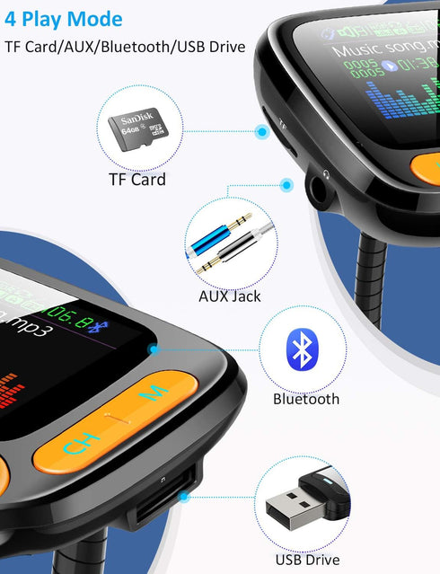 Bluetooth FM Transmitter Car Adapter, Wireless Handsfree Call, MP3 Music Play, 1.8" Color Screen, 3 USB Charger