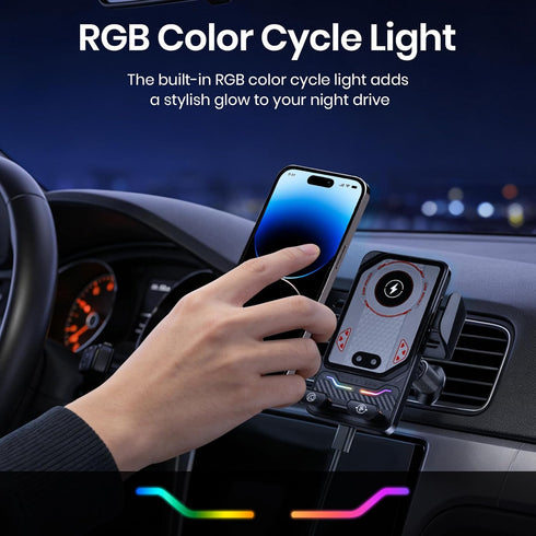 Keledz Wireless Car Phone Charger Holder, Smart Auto-Clamping Fast Charging Car Phone Holder with Atmosphere Lights