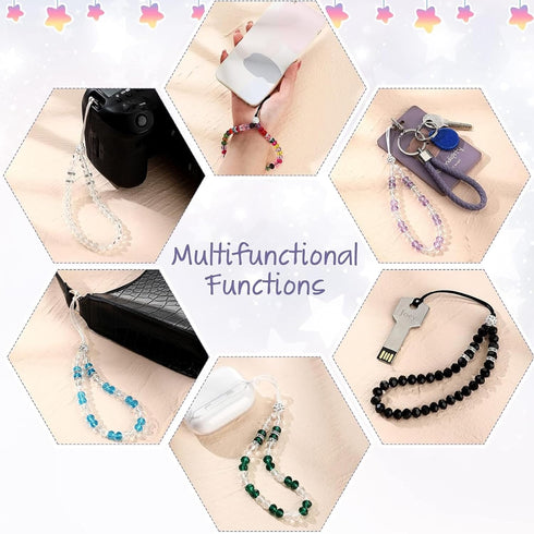 6 Pieces Beaded Cell Phone Lanyard Strap, Bling Wristlet Chain for Girls Women, Various Color