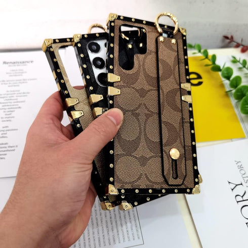 Luxury Brown Phone Case for Samsung Galaxy S23 Ultra - 6.8" Anti-Drop Designer Case with Wristband Strap.