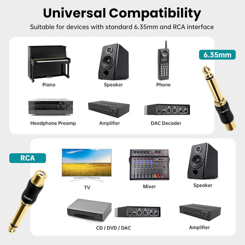 RCA to 1/4 Inch Adapter 2 Pack, 6.35mm TS Mono Male to RCA Female Jack Plug, Gold-Plated Guitar Connectors