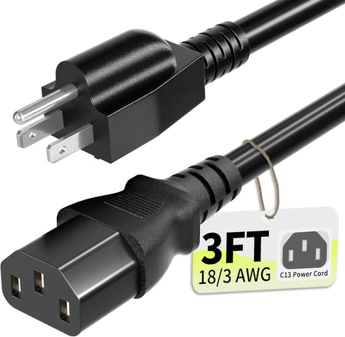 Vockjour 3 Prong AC Power Cord Cable 3ft 10 Amps 125 Volts 18AWG,