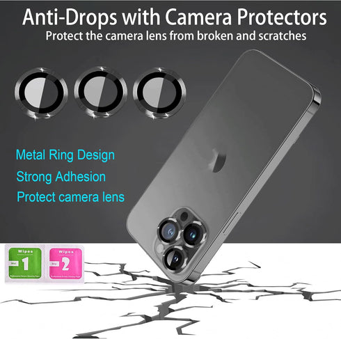 [2 Sets Compatible with iPhone 12 Pro, 12 Mini & iPhone 12 Camera Lens Protector, Tempered Glass Clear Camera Cover Screen Protector Metal Ring Accessories, Case Friendly (Black)