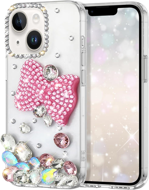Compatible with iPhone 15 Case Bling Diamond Glitter Rhinestone for Girls Women Cute Sparkly Shiny Gem 3D Bowknot Crystal Girly Luxury Fashion Clear Protective Phone Case Pink