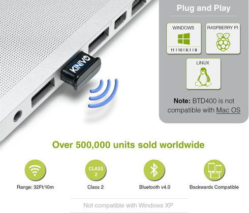 Kinivo USB Bluetooth Adapter BTD400, Bluetooth 4.0 Dongle Receiver, Compatible with Windows 11/10/8.1/8