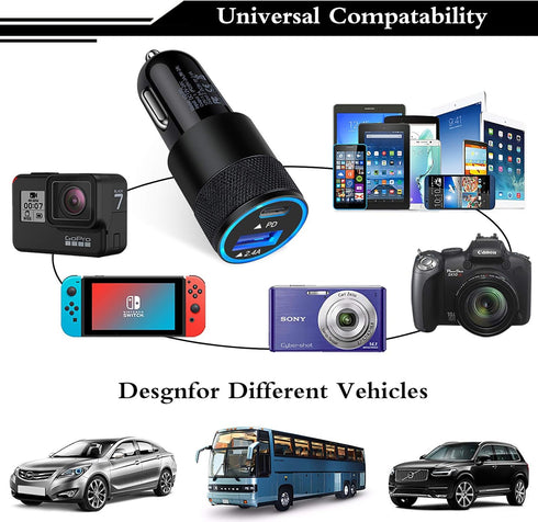USB C Fast Car Charger, 30W 3.0 PD Type C Car Adapter, 2 Port USB C Car Plug Compatible for iPhone 15/14/13/12 Pro