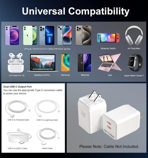 35W USB C Charger, TRYTHINK Dual Port Compact Foldable GaN PD Fast Wall Charger, 2 Pack